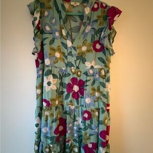 Entro Floral Midi Dress in Green and Pink